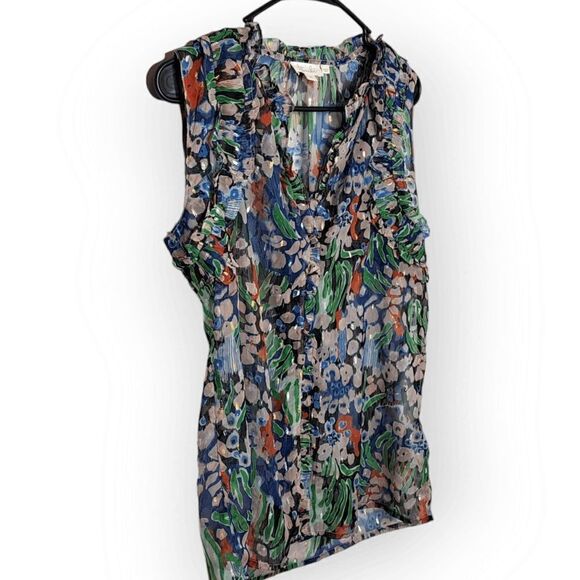 Anthropologie Let Me Be Metallic Sheer Floral Preppy Ruffle Career Top size XS - Picture 6 of 11